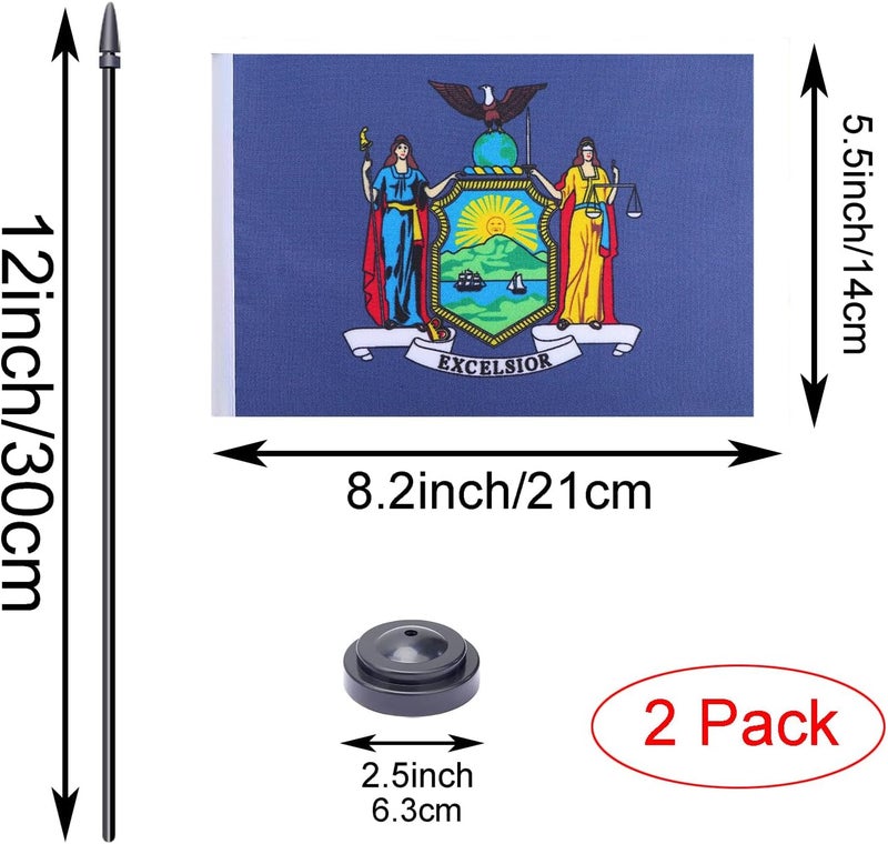 WXTWK 2 Pack USA New York Flag New York State Desk Flag Set - Mini Small New York Table Office Flags with Black 12" Solid Pole Stand Base Classroom Meeting Desktop Decorations - Image 2